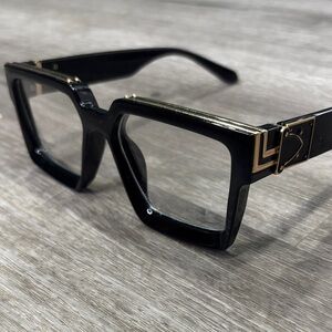 Retro / Art Deco Inspired Black Square Frame Glasses with Gold Accents